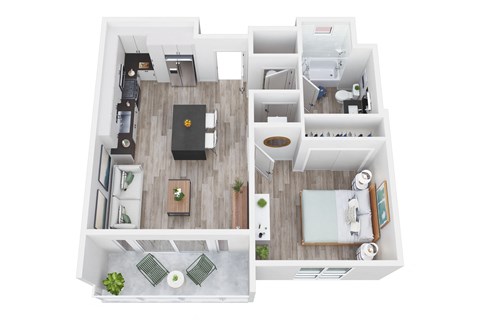 Floor plan for 1 bed, 1 bath, 629 sqft